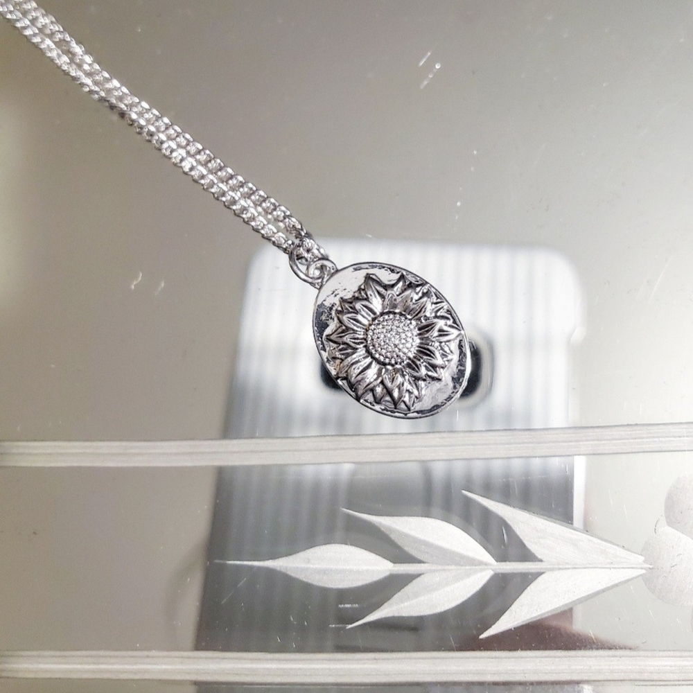 Silver sunflower charm chain necklace